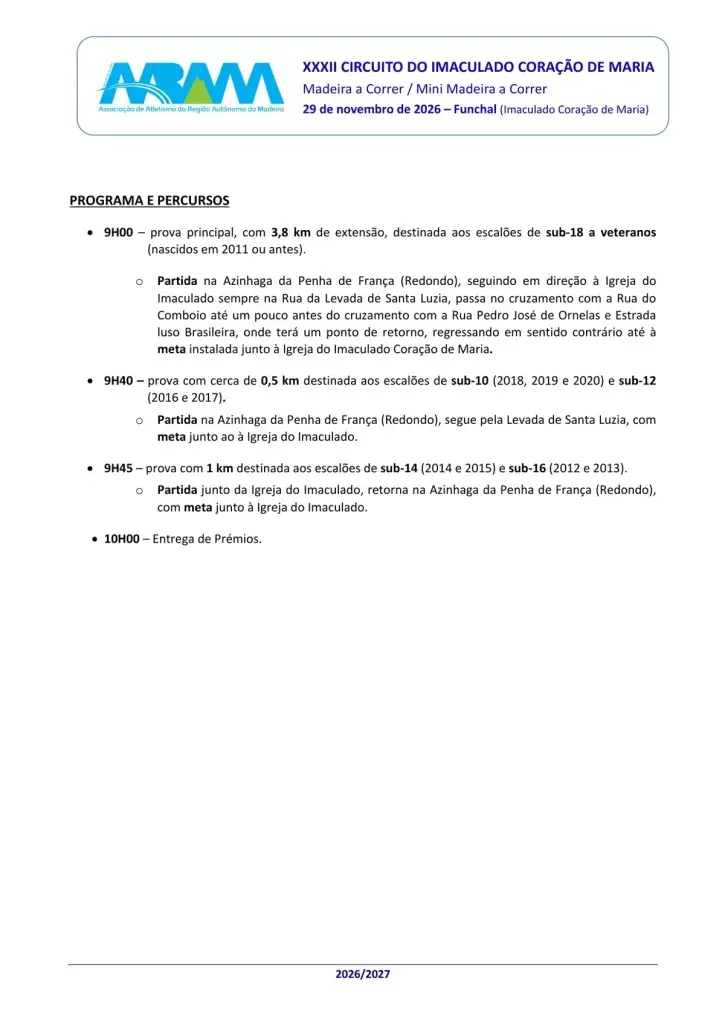 Circuito do Imaculado Coração de Maria 2026